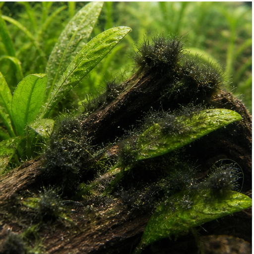 Alge pensulă noires sur une racine d'aquarium