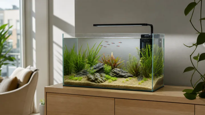 Acvariu plantat compact, potrivit pentru un volum apropiat de 60 de litri